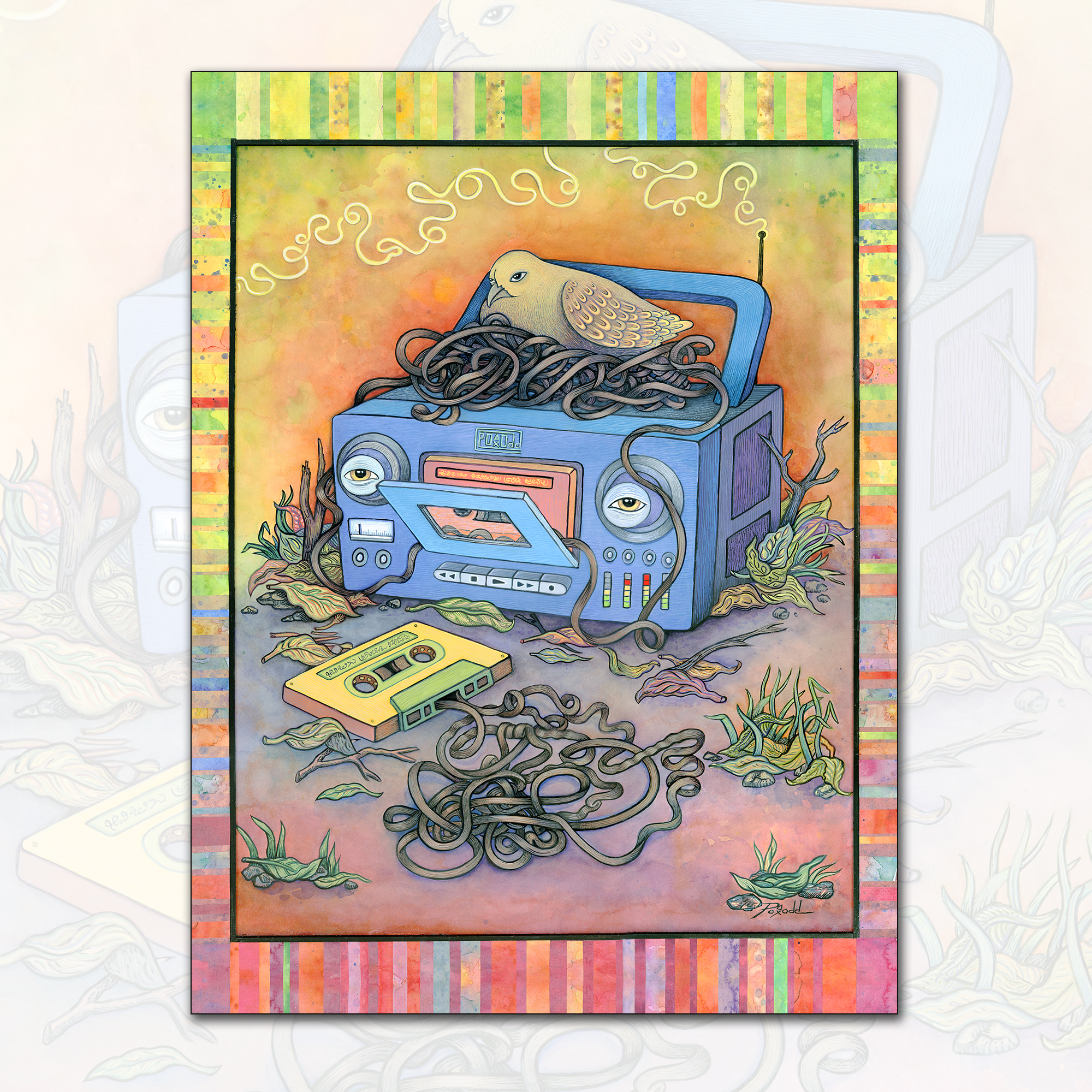 Painting of a bird on a nest of broken cassette player and tapes