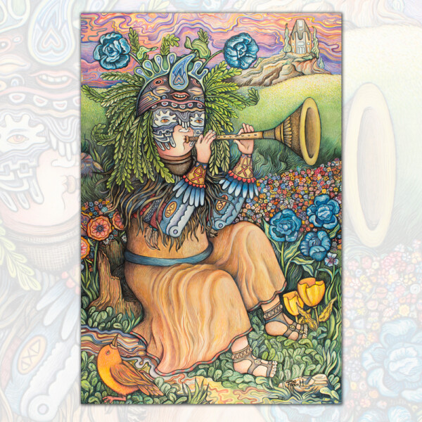 Image of a bard woman playing a trumpet in a field of flowers.