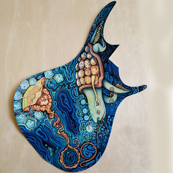 Image of Deep Sea themed artwork on a bass body shaped piece of paper.